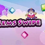 Personaje animado sentado en una alfombra voladora sobre un fondo de nubes y gemas flotantes, con un edificio morado al fondo y el texto Gems Swipe