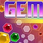Texto GEMS en colores brillantes sobre un fondo con gemas multicolores y hexágonos