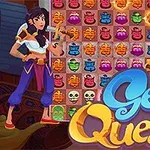 Dos personajes frente a un tablero de coloridas botellas de genie y calaveras, con el texto Genie Quest en primer plano