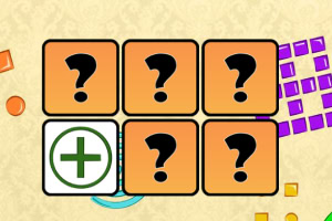 Seis cuadros naranjas con signos de interrogación negros y un cuadro blanco con un símbolo de más verde, sobre un fondo decorativo con cuadros morados y círculos anaranjados