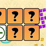 Seis cuadros naranjas con signos de interrogación negros y un cuadro blanco con un símbolo de más verde, sobre un fondo decorativo con cuadros morados y círculos anaranjados