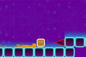 Un cuadrado amarillo con ojos se encuentra sobre una serie de bloques azules, con un fondo morado y una flecha roja apuntando hacia la derecha
