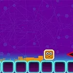 Un cuadrado amarillo con ojos se encuentra sobre una serie de bloques azules, con un fondo morado y una flecha roja apuntando hacia la derecha
