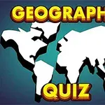 Mapa del mundo en blanco con las palabras GEOGRAPHY QUIZ en letras amarillas en la parte superior e inferior