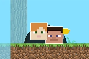 Dos personajes de apariencia cuadrada con cabello rubio y café, en un entorno pixelado de tierra y hierba