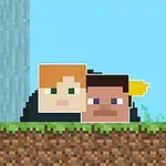 Dos personajes de apariencia cuadrada con cabello rubio y café, en un entorno pixelado de tierra y hierba