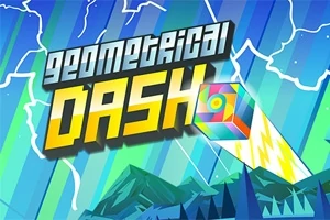 Título en letras estilizadas con un cubo colorido y rayos de energía sobre un fondo geométrico con montañas y rayos