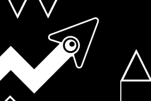 Fondo negro con formas geométricas blancas, incluyendo flechas y líneas en zigzag
