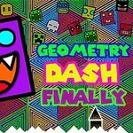 Un cuadrado morado con una cara sonriente y ojos azules, rodeado de colores brillantes y patrones geométricos, con las palabras Finally al frente