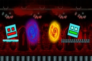 Fondos oscuros con dos portales de energía en azul y amarillo, y dos cuadrados con caras, uno rojo y otro verde, flotando sobre plataformas