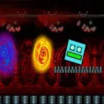 Fondos oscuros con dos portales de energía en azul y amarillo, y dos cuadrados con caras, uno rojo y otro verde, flotando sobre plataformas
