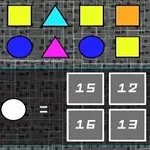 Formas geométricas y números sobre un fondo cuadriculado con opciones de multiplicación
