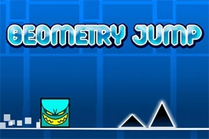 Fondo azul con un personaje cuadrado y picos negros, acompañado del texto Geometry Jump