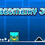 Fondo azul con un personaje cuadrado y picos negros, acompañado del texto Geometry Jump