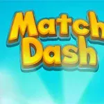 Texto amarillo en 3D Match Dash sobre un fondo azul con efectos de luz