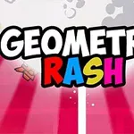 El texto Geometry Rash en letras grandes y coloridas sobre un fondo con líneas rojas y un diseño geométrico