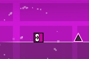 Un cuadrado con ojos al frente de un triángulo en un fondo rosa pixelado