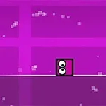 Un cuadrado con ojos al frente de un triángulo en un fondo rosa pixelado