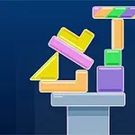 Formas geométricas de colores apiladas sobre una plataforma azul en un fondo oscuro