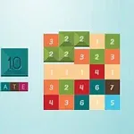 Logotipo colorido con bloques numerados en una cuadrícula sobre un fondo azul claro