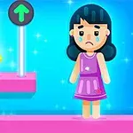 Niña animada con vestido morado llorando frente a un maniquí amarillo brillante sobre un fondo azul