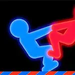 Dos figuras estilizadas, una azul y otra roja, interactuando sobre un fondo oscuro