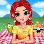 Una chica con cabello rojo y ojos grandes sentada sobre una manta de picnic con una canasta y flores a su alrededor en un campo verde