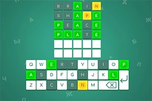 Teclado virtual con letras en verde, amarillo y gris, junto a filas de palabras en una cuadrícula sobre un fondo verde