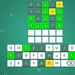Teclado virtual con letras en verde, amarillo y gris, junto a filas de palabras en una cuadrícula sobre un fondo verde