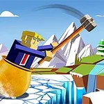 Personaje con un martillo grande sentado en un caldero sobre hielo, con montañas nevadas y un paisaje montañoso al fondo