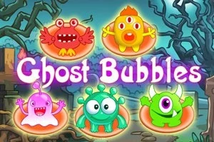 Cinco criaturas coloridas de formas diferentes, con un fondo de bosque embrujado y el texto Ghost Bubbles
