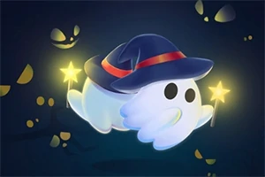 Un fantasma amigable con un sombrero de mago sosteniendo varitas mágicas luminosas, rodeado de ojos brillantes en la oscuridad