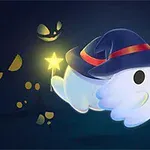 Un fantasma amigable con un sombrero de mago sosteniendo varitas mágicas luminosas, rodeado de ojos brillantes en la oscuridad