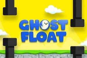 Título GHOST FLOAT en letras azules frente a un fondo amarillo con nubes y tuberías negras alrededor