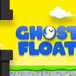 Título GHOST FLOAT en letras azules frente a un fondo amarillo con nubes y tuberías negras alrededor