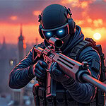 Soldado futurista con casco y ojos luminosos sosteniendo un rifle, con un paisaje urbano al atardecer de fondo
