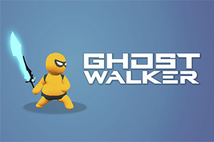 Personaje amarillo con antifaz sosteniendo una espada luminosa en un fondo azul junto al texto Ghost Walker