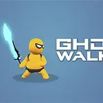 Personaje amarillo con antifaz sosteniendo una espada luminosa en un fondo azul junto al texto Ghost Walker