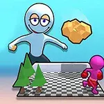Personaje estilizado grande con dos árboles, personaje rosado y un objeto dorado en un tablero de ajedrez