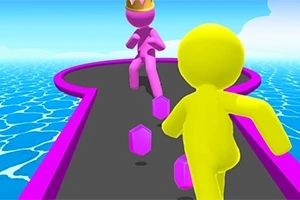 Figura amarilla y rosa corriendo en un camino estrecho sobre el agua, con la figura rosa usando una corona