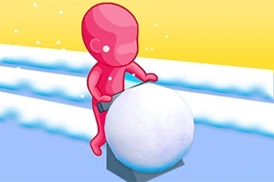 Personaje rojo empujando una gran bola de nieve sobre una pista con líneas de nieve en un fondo amarillo