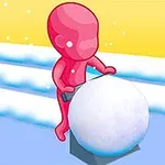 Personaje rojo empujando una gran bola de nieve sobre una pista con líneas de nieve en un fondo amarillo