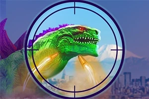 Un dinosaurio gigante de colores brillantes es apuntado con una mira en una ciudad, con montañas de fondo