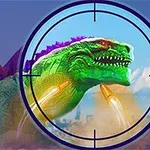 Un dinosaurio gigante de colores brillantes es apuntado con una mira en una ciudad, con montañas de fondo
