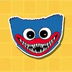 Cara azul sonriente con grandes ojos saltones y afilados dientes en un fondo amarillo cuadriculado