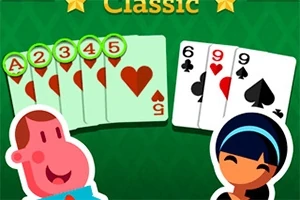 Dos personajes animados sonrientes junto a un conjunto de cartas rojas y negras sobre un fondo verde con la palabra Classic