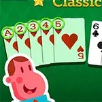 Dos personajes animados sonrientes junto a un conjunto de cartas rojas y negras sobre un fondo verde con la palabra Classic