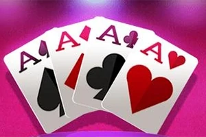 Cuatro ases de cartas con los símbolos de picas, tréboles, diamantes y corazones sobre un fondo rosa