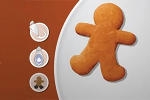 Galleta de jengibre en forma de muñeco sobre un fondo dividido en marrón y blanco, con íconos de decoración a la izquierda