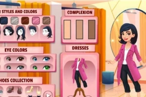 Pantalla de personalización de personaje con opciones de cabello, ojos, vestimenta y calzado en un estilo de dibujo animado